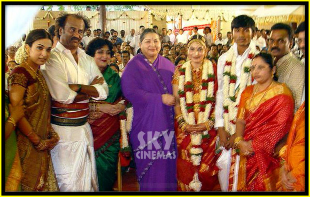 skycinemas's tweet photo. Old memories : #Rare_snap of 
#jayalalithaa , @superstarrajini sir @dhanushkraja and @ash_r_dhanush  wedding http://t.co/gRFLoRG9a5