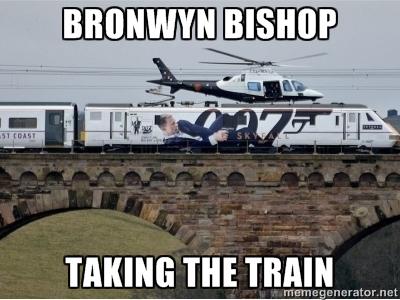 TheNightangel77's tweet photo. Bronwyn Bishop has learnt her lesson and is now taking the train #choppergate http://t.co/s9cmyDowmw