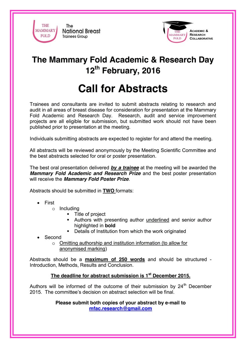 TheMammaryFold1's tweet photo. Submit abstracts by 01/12/15 for @TheMammaryFold1 Research &amp; Audit Day 12th Feb 2016 email mfac.research@gmail.com http://t.co/r4lfEb32H4