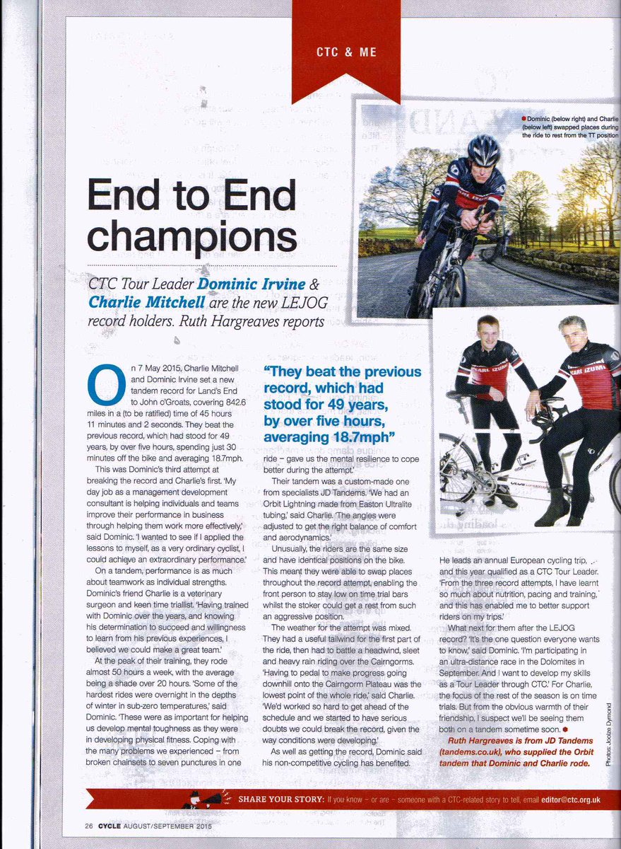 Great feature on <a href="/DomIrvine/">Dom Irvine</a> <a href="/cmitchell5017/">Charlie Mitchell</a> in this months <a href="/CTC_Cyclists/">Cycling UK</a> magazine #LEJOG #Lightning #tandemstyle
