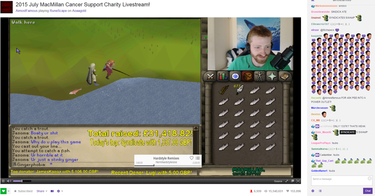 Syndicate's tweet image. The legend @B0atyOSRS is raising money for MacMillan Cancer Support! Go show him some love! &amp;lt;3 twitch.tv/aimostfamous