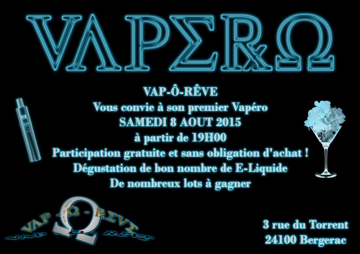 Samedi 8 Aot  partir de 19H00 3 rue du Torrent 24100 @VilledeBergerac  VAPERO Vap  Rve https://t.co/uRWYGbdQMs