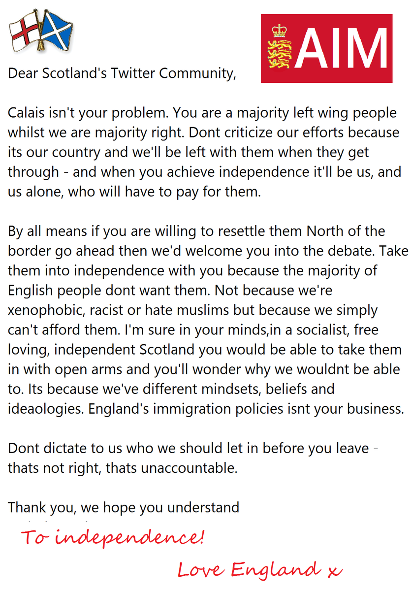 anglo_indy's tweet photo. A letter to #Scotland.

We love your voice, we love your famous "Roar". But please, understand.

Love England #calais http://t.co/iqd0slQ33u
