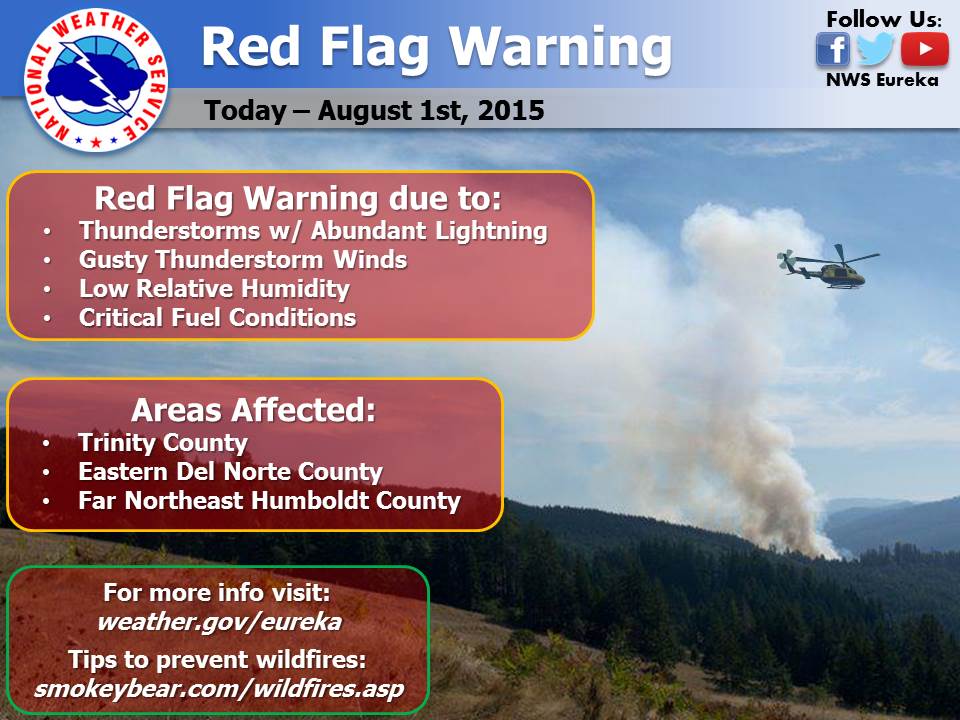 NWSEureka's tweet image. #RedFlagWarning for #TrinityCo , eastern #DelNorte and far NE #Humboldt for lightning today. Stay safe. #FWx
