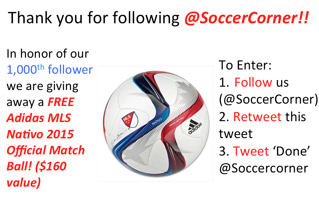 SoccerCorner's tweet photo. Enter our #1000Followers Contest yet. Easy enough: 1) RT 2)Follow 3) Tweet us to win #MLS Nativo! http://t.co/EuWBfjpxtk