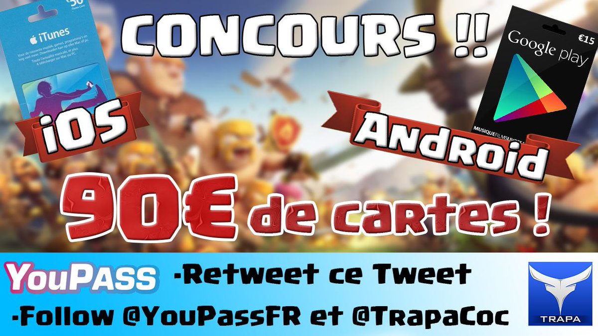 iamtrapa's tweet photo. #CONCOURS 90€ de cartes COC à gagner ! Retweet + follow @YouPassFR &amp; @trapacoc pour participer ! Tirage le 11/08 http://t.co/ofC69JSvEh