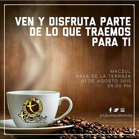 DeMujeres_NCTV's tweet photo. @totumacafemcbo hoy 5pm en terraza @elmaczul Tiene el honor de brindarles parte de su exquisito menú @DeMujeres_NCTV http://t.co/OYyjR4Fsqx
