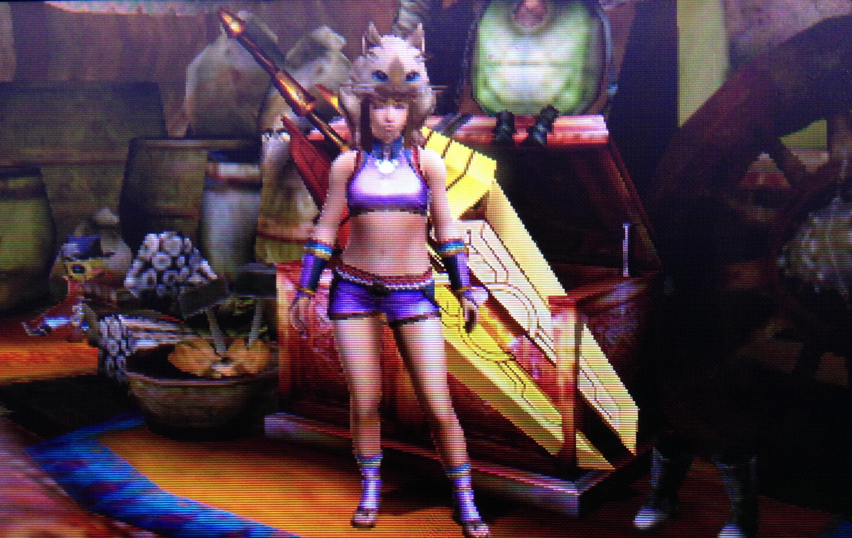 あたしみかん 最後 のイベクエってことで いっぱい武器防具作ったよ まずは大剣 アニバーサリーソード と頭装備 有難ネコ迷惑 見た目は派手でスロ3だけど性能はイマイチ 頭は底力 13で火事馬力 1が発動 ちゃんとネコ動いてるｗ Mh4g Http T