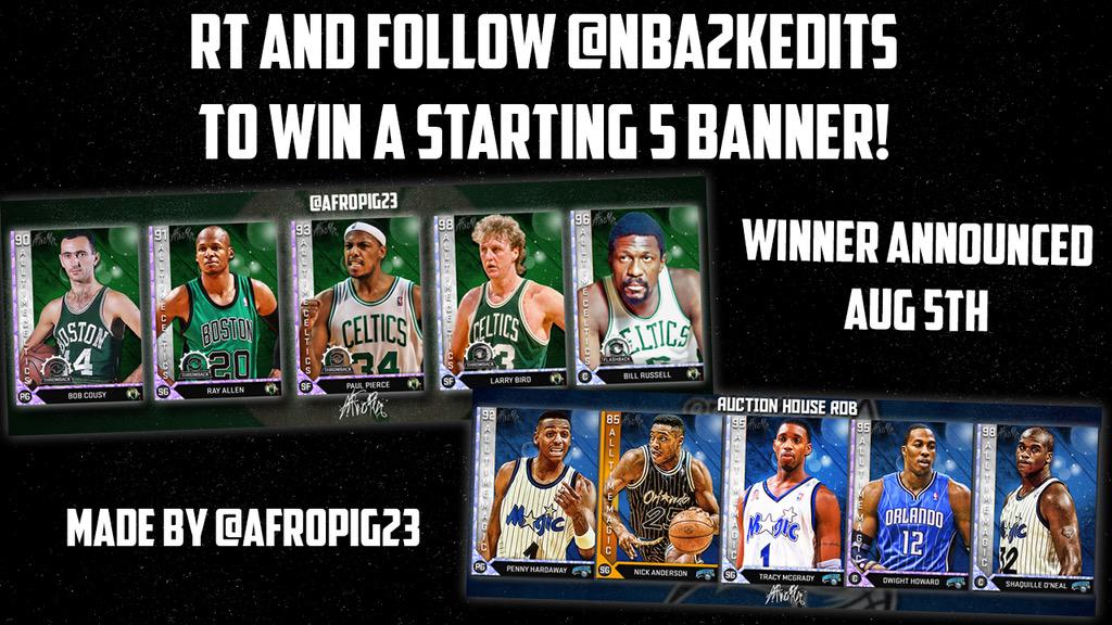 NBA2KEdits's tweet photo. Giveaway time! 
RT and Follow us to enter
One will win a Custom Starting 5 twit Banner! 
-@AfroPig23 http://t.co/37G9KUzB7V