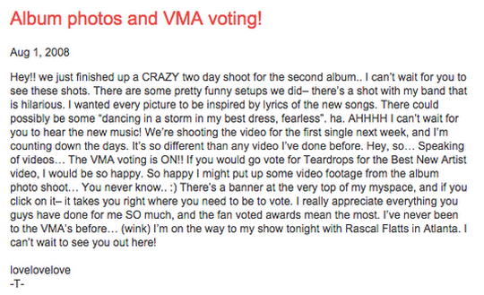 taylortimehop's tweet photo. august 1, 2008: taylor's myspace post http://t.co/aH0wznrPDb