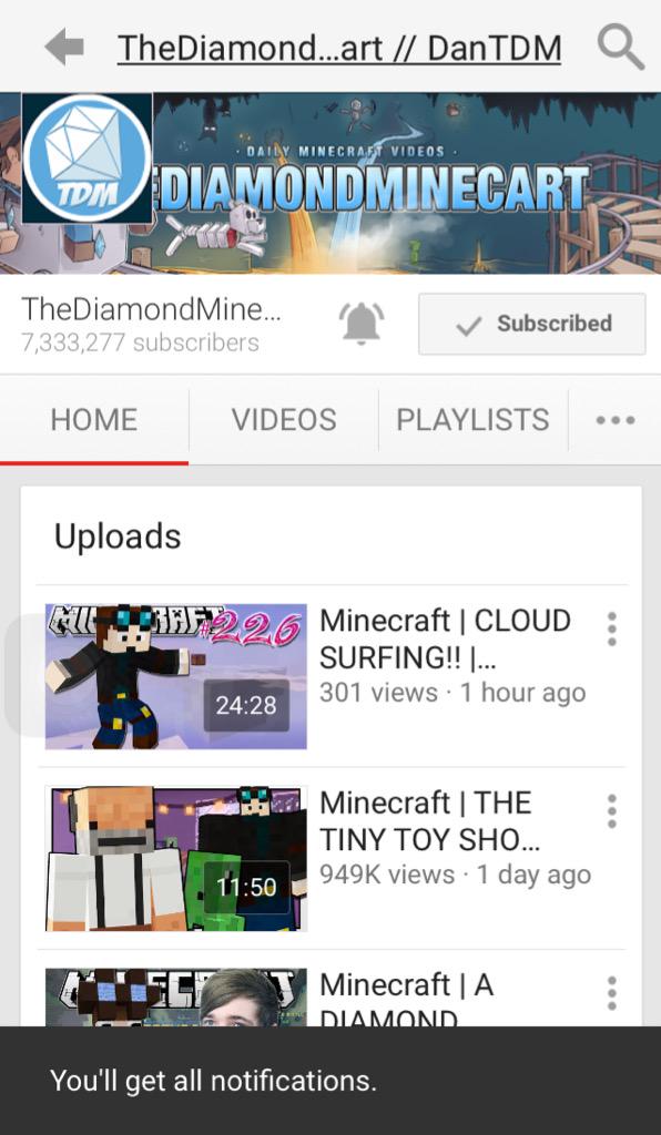 Dr_Trayaurus's tweet photo. See that bell button on @DiamondMinecart channel? Press that to get notifications of all activity on Dans channel! :D http://t.co/gnOrx25W7o