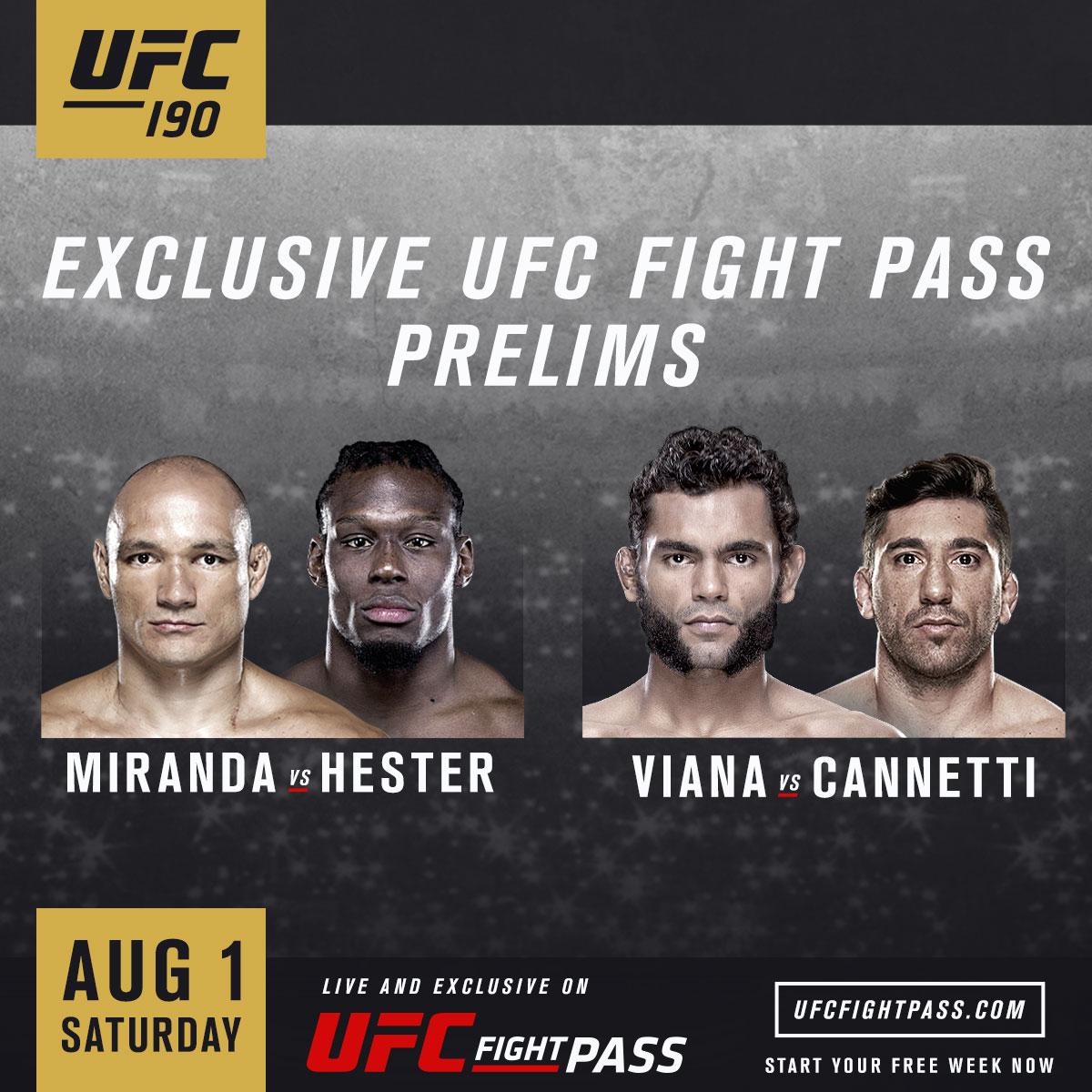 ufc's tweet photo. #UFC190 STARTS IN 1 HOUR! Start your FREE trial &amp; watch the @UFCFightPass prelims LIVE: http://t.co/WpRG2g1L3f http://t.co/0cZJQE8ort