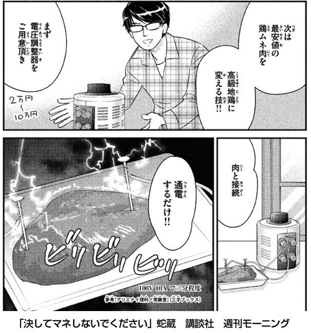 通電肉試食レポ続き）試食8人、全員一致で「通電肉の方が美味しい」。ブラインド投票？しませんでした。だって無駄だもん。全然違うから。歯ざわりがみっしりして、鶏の味が濃くなる！グラム68円の肉が高級肉に！馬鹿なと思ったらレッツトライ！ 