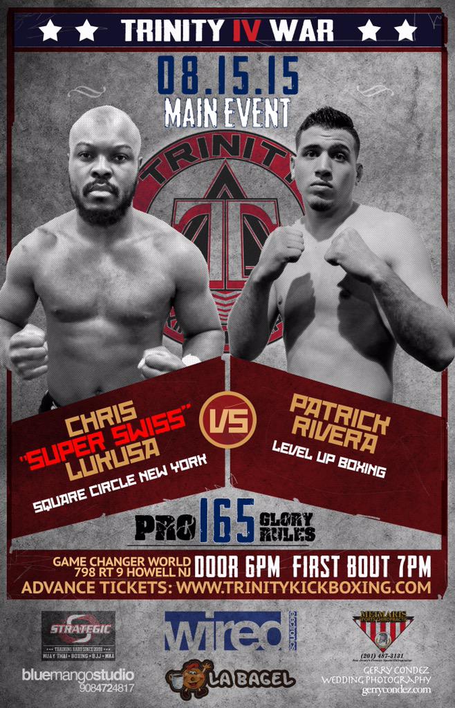TrinityKBC's tweet photo. Patrick Rivera of @Levelupboxing vs Chris Lukusa of @SquareCircleNYC #GloryRules #Pro #MainEvent @GameChangerWrld http://t.co/oLbhT2N98m