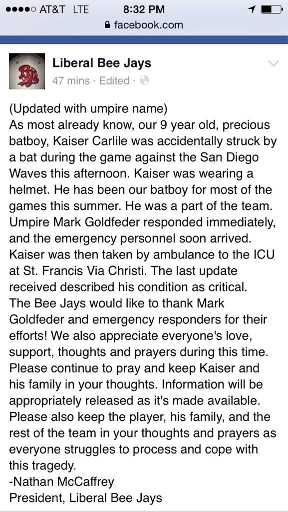 Need plenty of prayers from the baseball and softball world!!