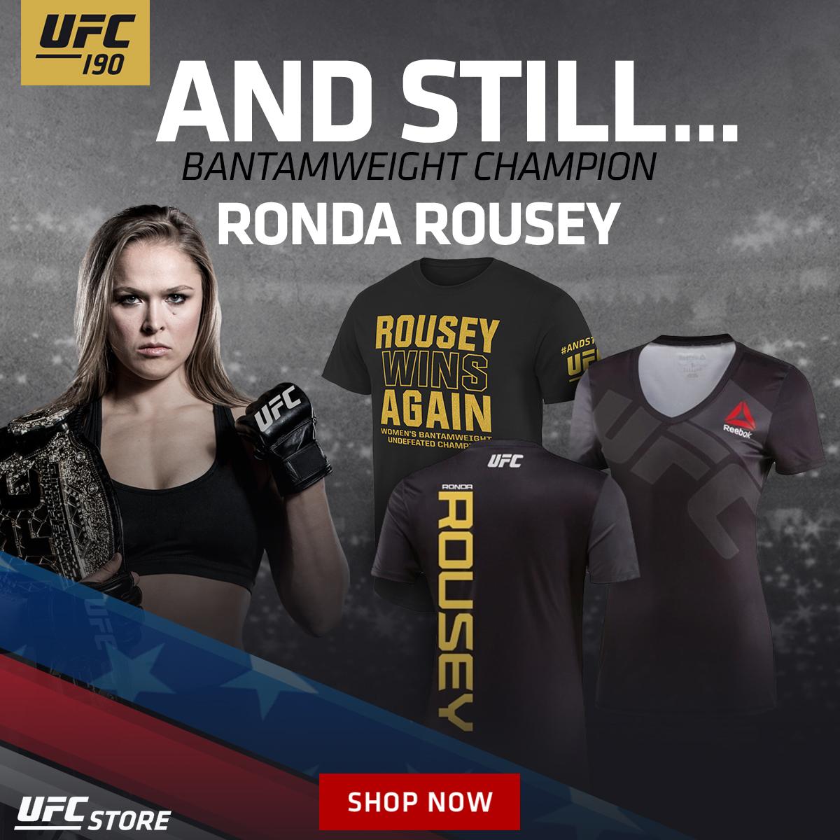 ufcstore's tweet image. HOLY #RONDAWINSAGAIN, #AndStill women's @UFC bantamweight champion @RondaRousey. #UFC190. bit.ly/1SuKCcE