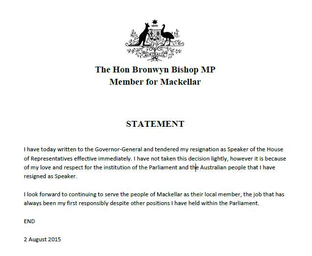 ccroucher9's tweet photo. Bronwyn Bishop's statement
@9NewsAUS http://t.co/iBOwPh5cwK