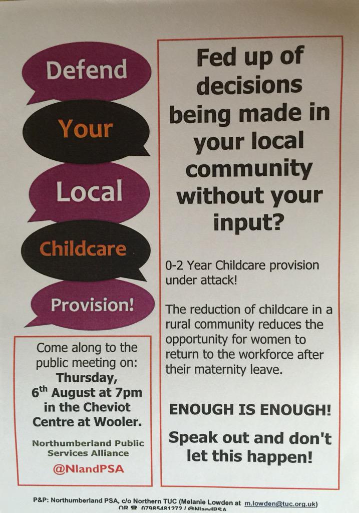 joyceguthrie's tweet photo. Defend your Glendale childcare provision. Join the NPSA meeting on 6th August @ 7pm in the Cheviot Centre in Wooler. http://t.co/6rTPiNgQub