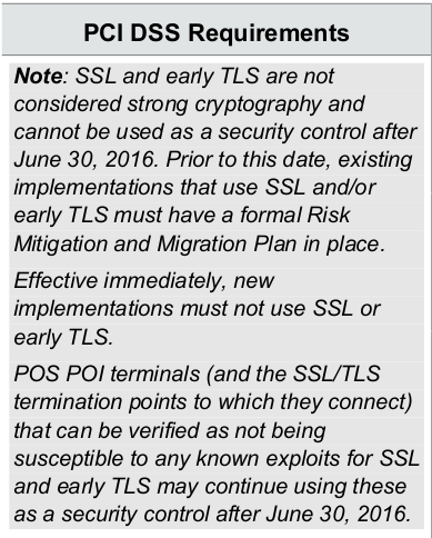 equilibriumuk's tweet photo. PCIDSS "SSL and early TLS not considered strong crypto cannot be used after June, 2016"
insecure but use until 2016? http://t.co/xTgBJRnvsC