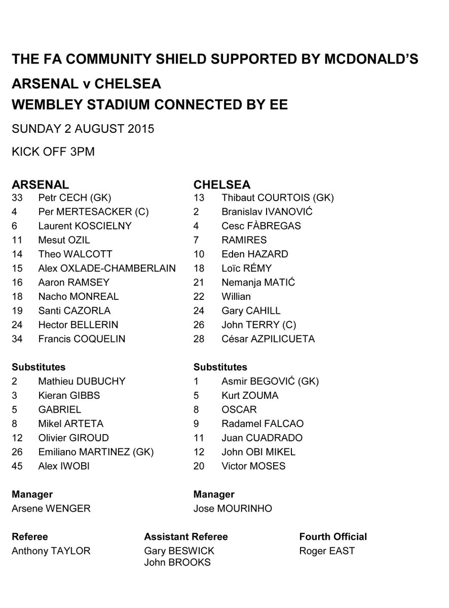 EnglandFootball's tweet photo. Here's the official teamsheet for today's FA #CommunityShield clash between @Arsenal and @ChelseaFC http://t.co/PZwMVchKuX