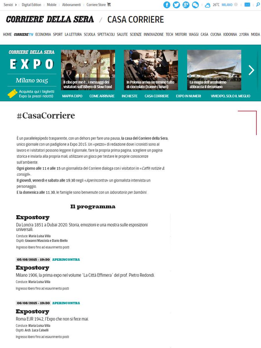EXPOSTORY's tweet photo. #expostory dal 4 al 6 agosto a #casacorriere #corrieredellasera #ExpoMilano2015 #expottimisti http://t.co/3orBZ41GHx