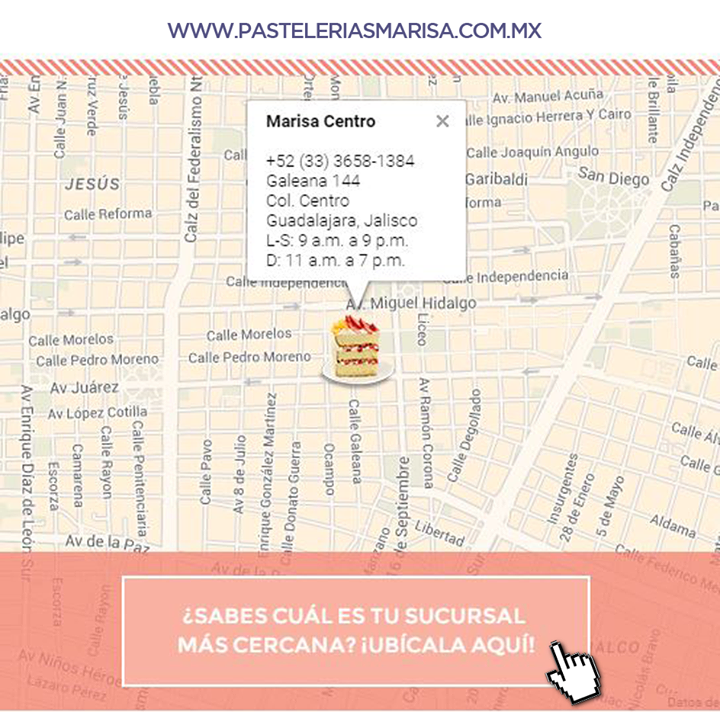 ¿Quieres saber cuál es tu sucursal más cercana de #PasteleríasMarisa ?
Entra a pasteleriasmarisa.com.mx en sucursales.