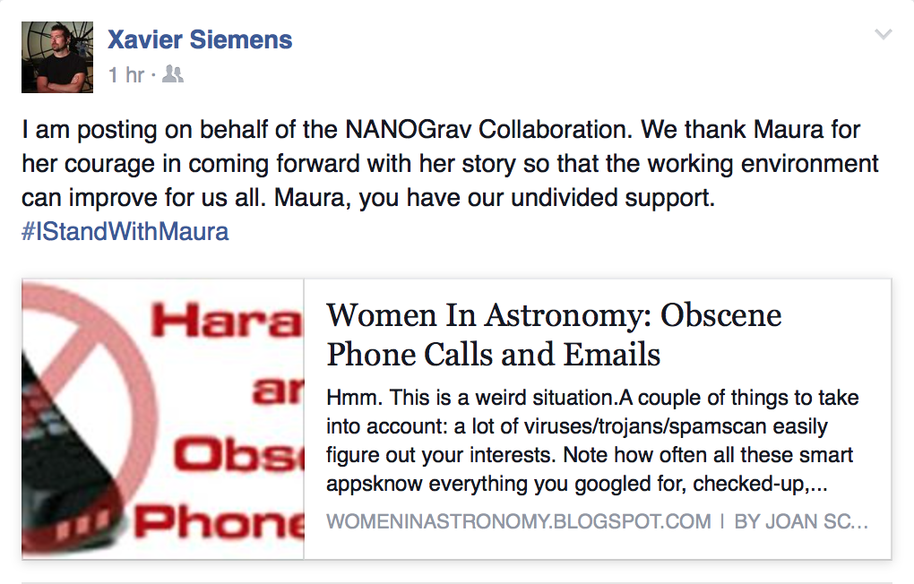 Dr_CMingarelli's tweet photo. The NANOGrav Collaboration has released a statement of support for Prof. Maura McLaughlin. #IStandWithMaura http://t.co/uFcJHfpaDS
