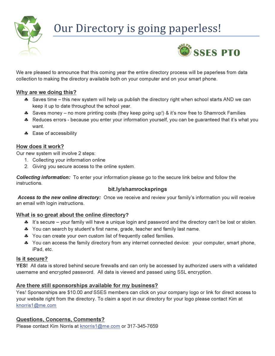 The school directory is going online. Have your info at home and on the go. Sign up here: bit.ly/shamrocksprings
