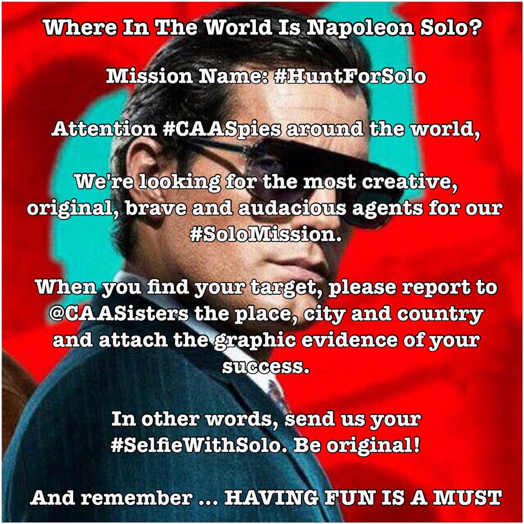 CAASisters's tweet image. Do you have what it takes to be a #CAASpy? Join us! Accept our #SoloMission &amp;amp; go after #NapoleonSolo! #HuntForSolo 💼📩