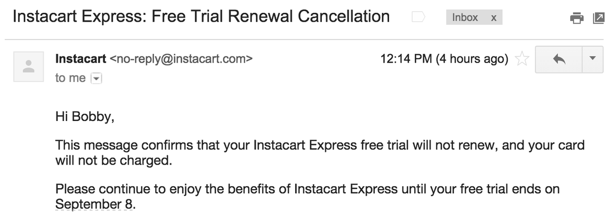 Bobby On Twitter Instacart Lets You Immediately Cancel Renewal