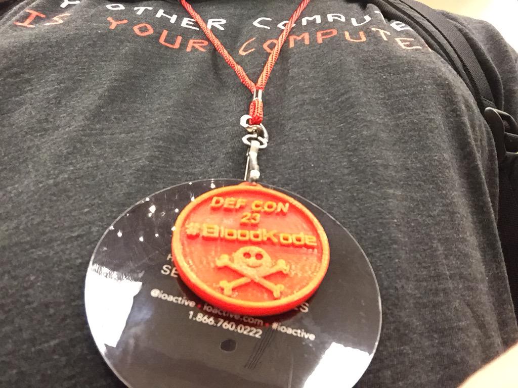 SynAckPwn's tweet photo. Best special badge of the con #BloodKode #DEFCON23 http://t.co/TbW5Od9Z1T
