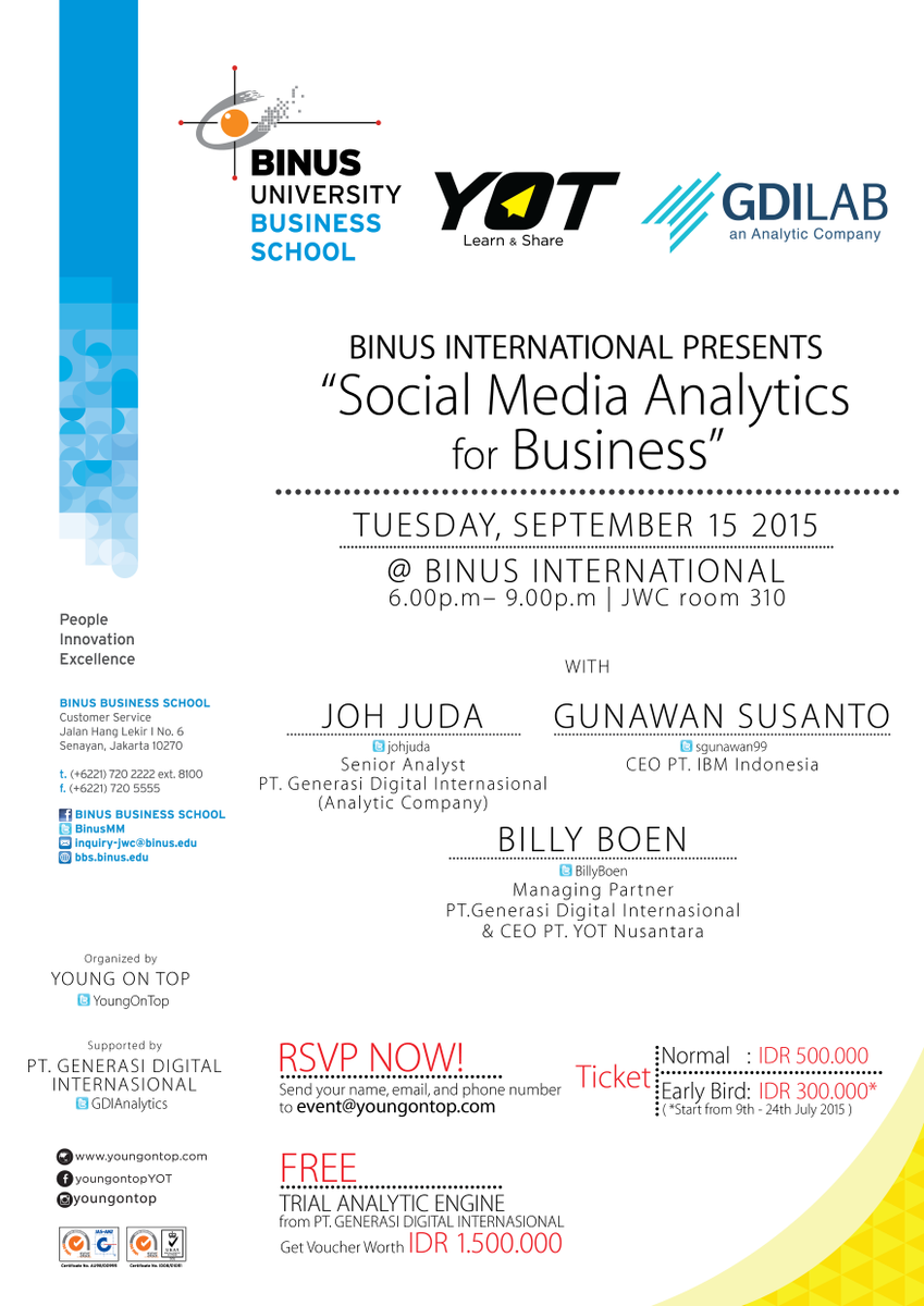 YoungOnTop's tweet photo. Social Media Analytics for Business . Organized by @YoungOnTop , supported by @GDIAnalytics . Join us! #YOTEvent http://t.co/cEMaxtQJD3