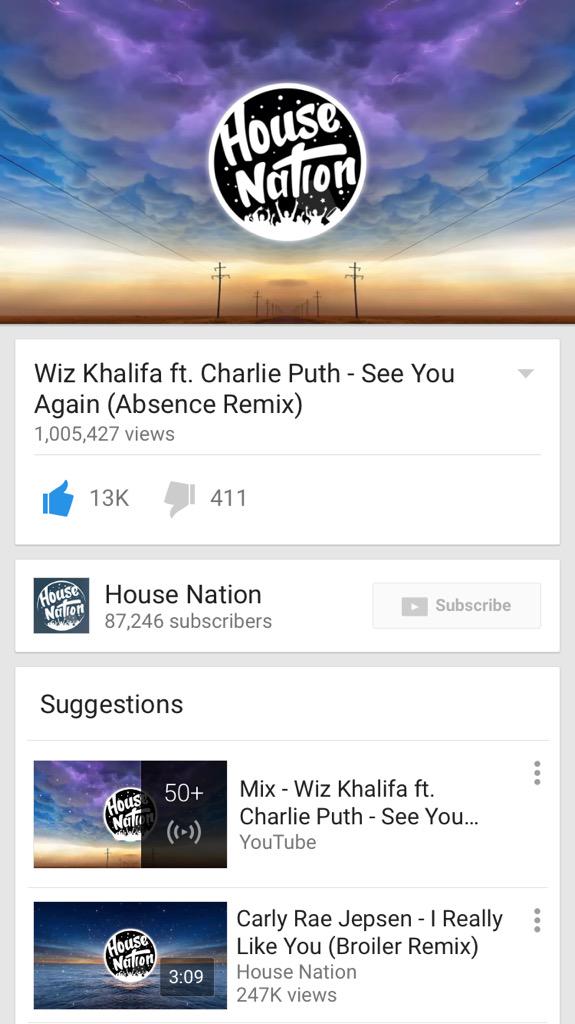 The <a href="/absencemusik/">Absence</a> remix of See You Again hit 1 million views! Thank you for supporting me and absence's great music!