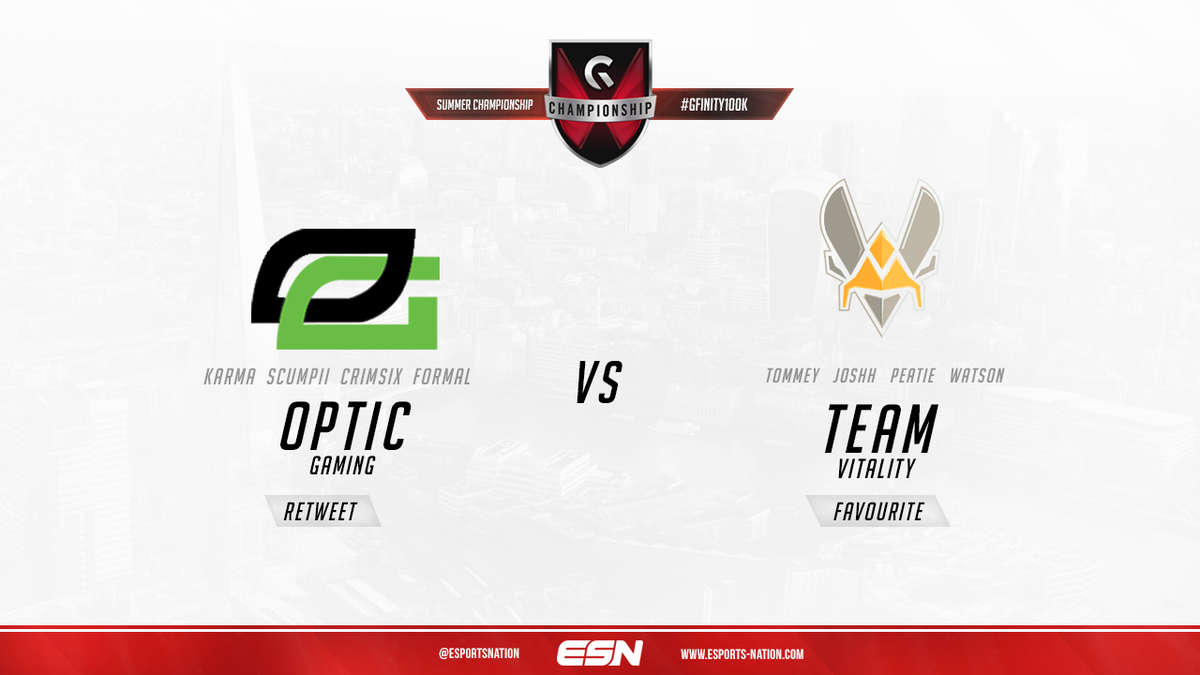 EsportsNation's tweet photo. The next match at the #Gfinity100k features @OpTicGaming vs. @Team_Vitality.Storm

RT for OG
Fav for Vitality http://t.co/xUFlFzxvTV