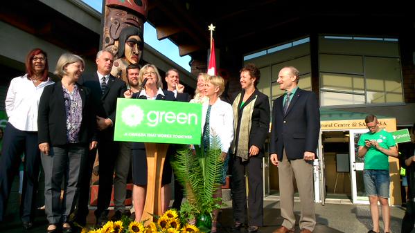 NIPRGreens's tweet photo. Terrific speech by @ElizabethMay to kick off @CanadianGreens Campaign. Brenda Sayers on stage with fellow candidates. http://t.co/VwXtlCY9YE