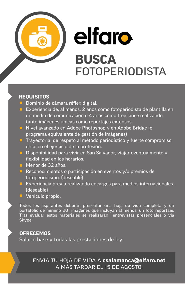 _elfaro_'s tweet photo. El Faro busca a un fotoperiodista que quiera incorporarse a nuestra redacción. Consulte los requisitos. http://t.co/exMwgXTMwn