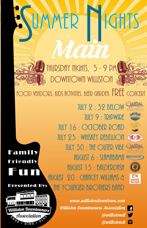 Plan on attending Summer Nights on Main this Thursday. See flier for upcoming #concerts in downtown #WillistonND