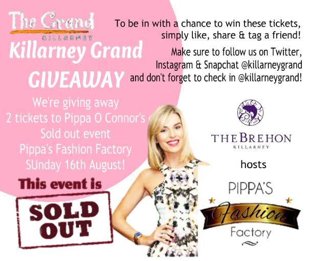 KillarneyGrand's tweet photo. @KillarneyGrand Giveaway! 2 tickets to giveaway to @pipsypie Pippa's Fashion Factory in @TheBrehon on Sun 16th Aug! http://t.co/gRXfAvcXmM