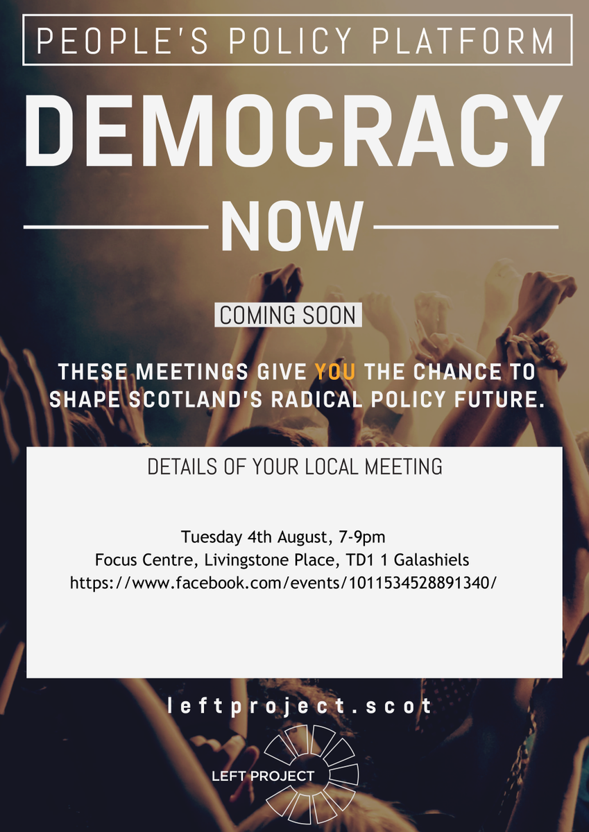 BordersSSP's tweet photo. Scottish Left Project meeting this Tuesday, 4th August, 7pm, at the Focus Centre, Galashiels.
https://t.co/mhnCm3JvwD http://t.co/ULJTxAmTFq
