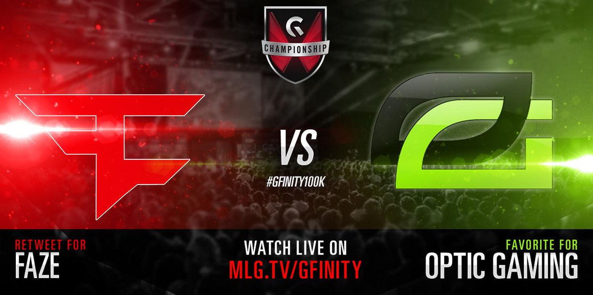 MLG's tweet image. .@FaZeClan vs @OpTicGaming

#Gfinity100k Grand Final.

RT #FaZeUp FAV #GreenWall

Get in here: MLG.tv/Gfinity_