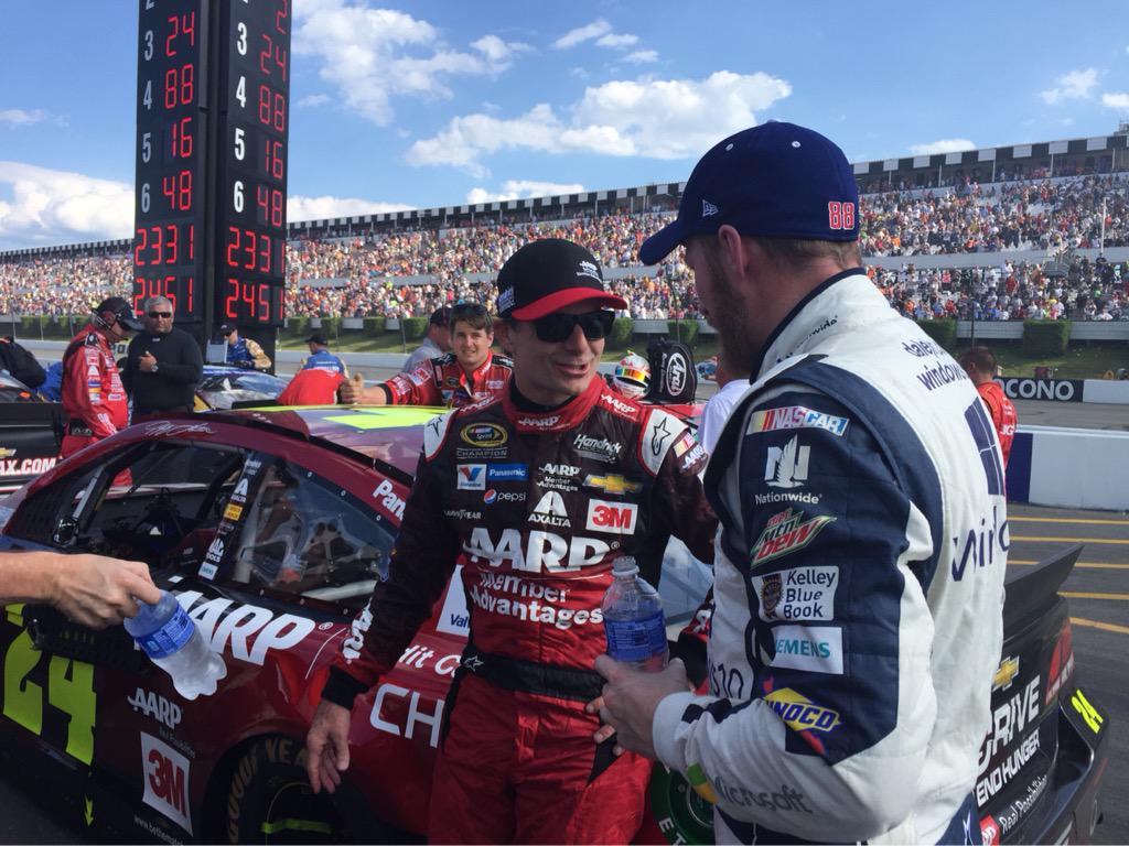 TeamHendrick's tweet photo. .@JeffGordonWeb and @DaleJr talk about their third and fourth-place finishes. http://t.co/kZbv6npXP9