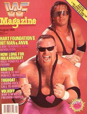 WWE__History's tweet photo. WWF Magazine August 1990. Hart Foundation on the cover released 25 years ago this month. @BretHart @NatbyNature #WWE http://t.co/eyGaLN4lIx