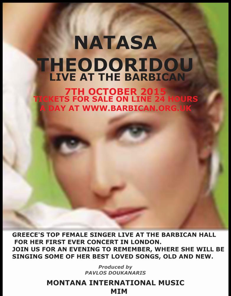 PTDuke's tweet image. Natasa Theodoridou in London UK. The Concert is on the 7th of October at 7:30pm at the Barbican