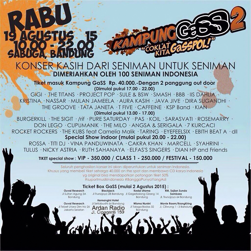 Proud to support "Kampung Gass 2" with 100 Indonesian musician!

Ticket available in #ER2 &amp; #ER5.

Info: <a href="/GegedugaSS/">Gegedug GaSS</a>