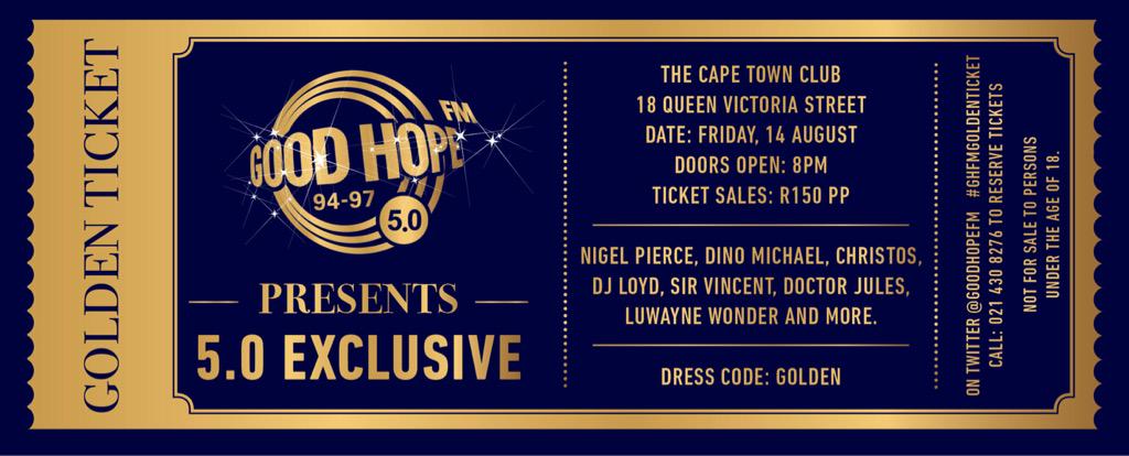 G2tweets's tweet photo. Limited #GHFMGoldenTicket on sale now for @GoodHopeFM birthday party @capetownclub 14 August @WotzupCapeTown #GHFM50 http://t.co/4l4n4CCXcI