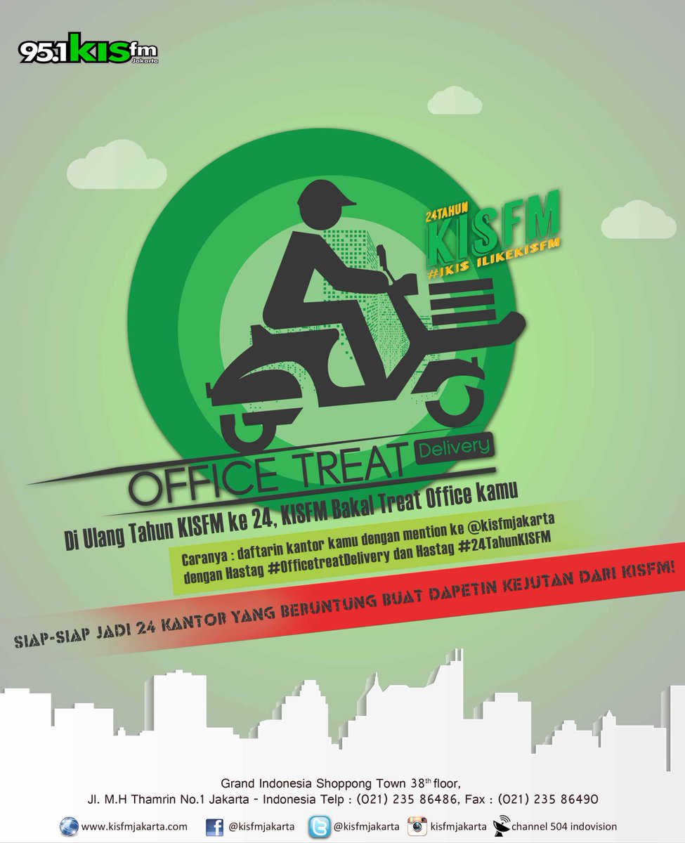 kis951fm's tweet photo. Di ulang tahun KIS FM yang ke -24, KIS FM bakal treat office kamu! Cek caranya disini ya! #OfficeTreatDelivery http://t.co/a8Nn9SmMQt