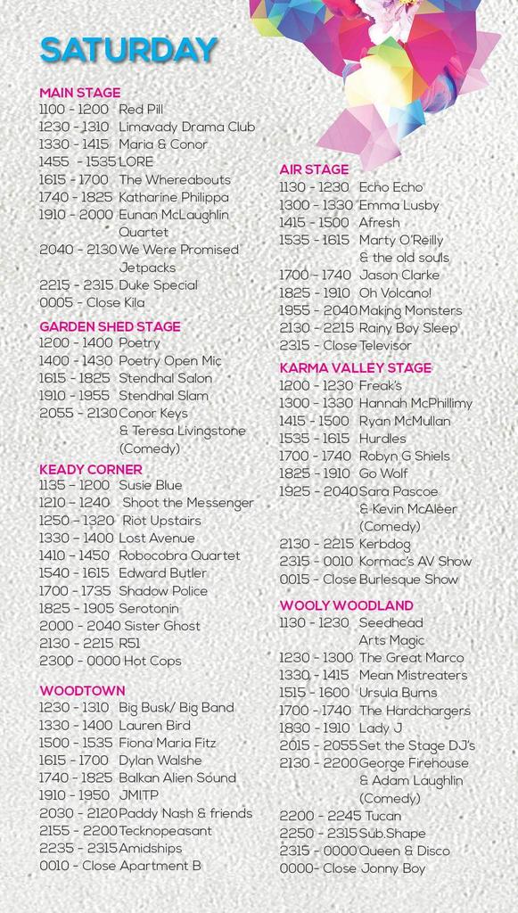 STAGE TIMES FOR <a href="/Stendhalireland/">Stendhal Festival</a> 
Saturday 8th August 2015
<a href="/wwpj/">We Were Promised Jetpacks</a> <a href="/DukeSpecial/">Duke Special</a> @HotCopsNI @R51broadcast <a href="/OhVolcano/">OhVolcano</a>