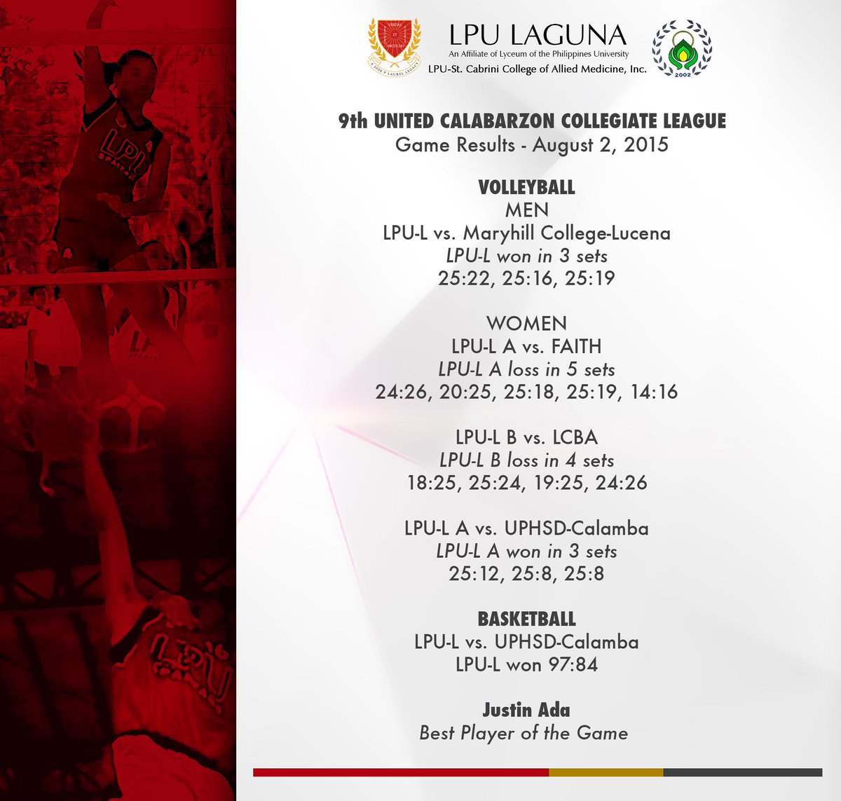 LPU_Laguna's tweet photo. Lyceans, if you missed the UCCL games last Sunday (August 2), here are the results :). #UCCLUpdates #LPUneverstops http://t.co/IJz3vmrWXV