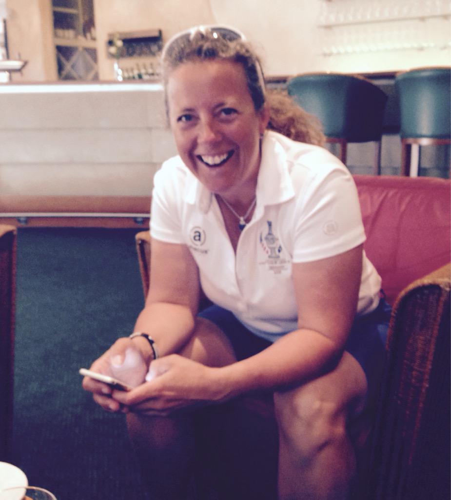 ANNIKA59's tweet photo. Our @SolheimCupEuro strategic advisor @hejpost getting a @twitter lesson. Classic comment "-54 means what? #lessnotes http://t.co/V57Uyi2deC