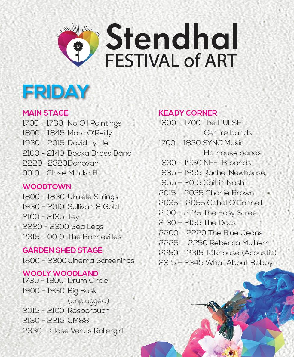 Stendhalireland's tweet photo. The Stendhal 2015 STAGE TIMES - this does not include all on-site goodness &amp; the free app will be updated, TSx http://t.co/79P0cyPpF4
